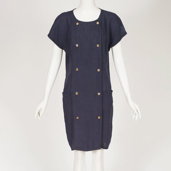 Genny 1980s Vintage Italian Navy Linen Double-Breasted Shift Dress Sz M L - Picture 1 of 7